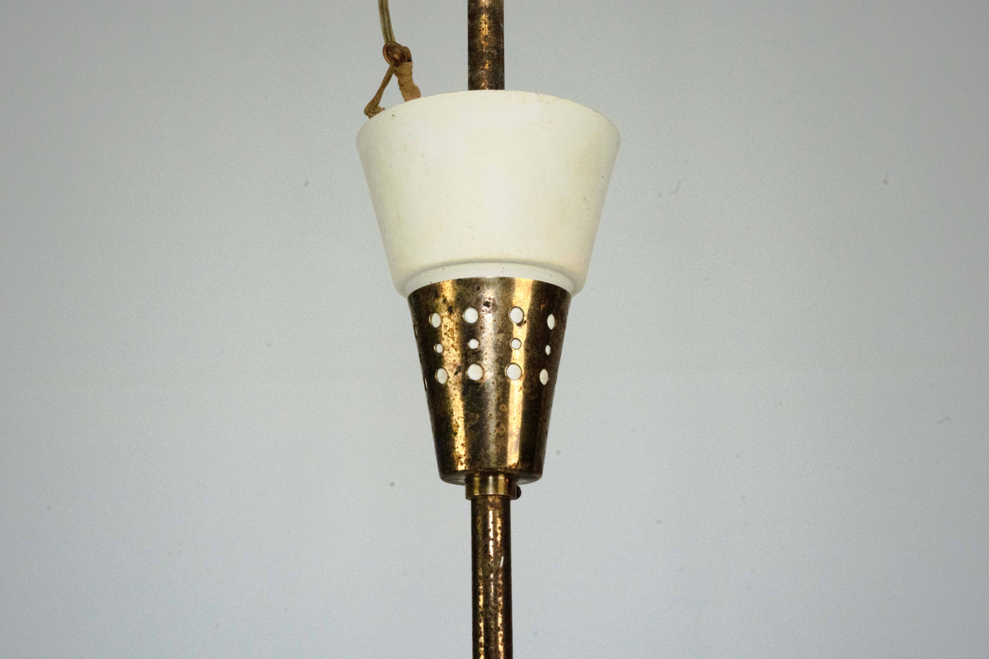 Large Italian Mid-Century Sputnik Brass Chandelier with Satin Glass, 1950s