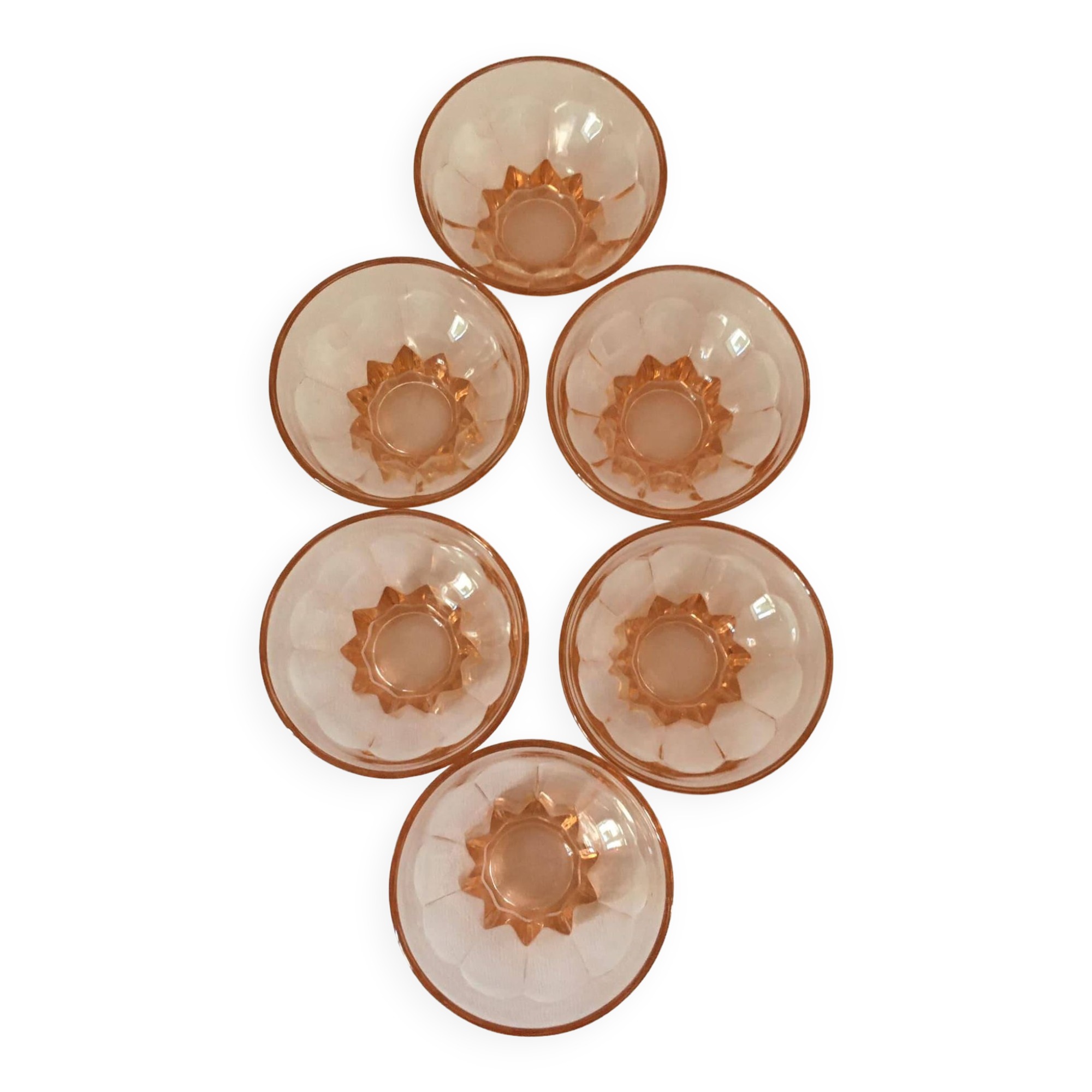 6 vintage pink molded glass cups