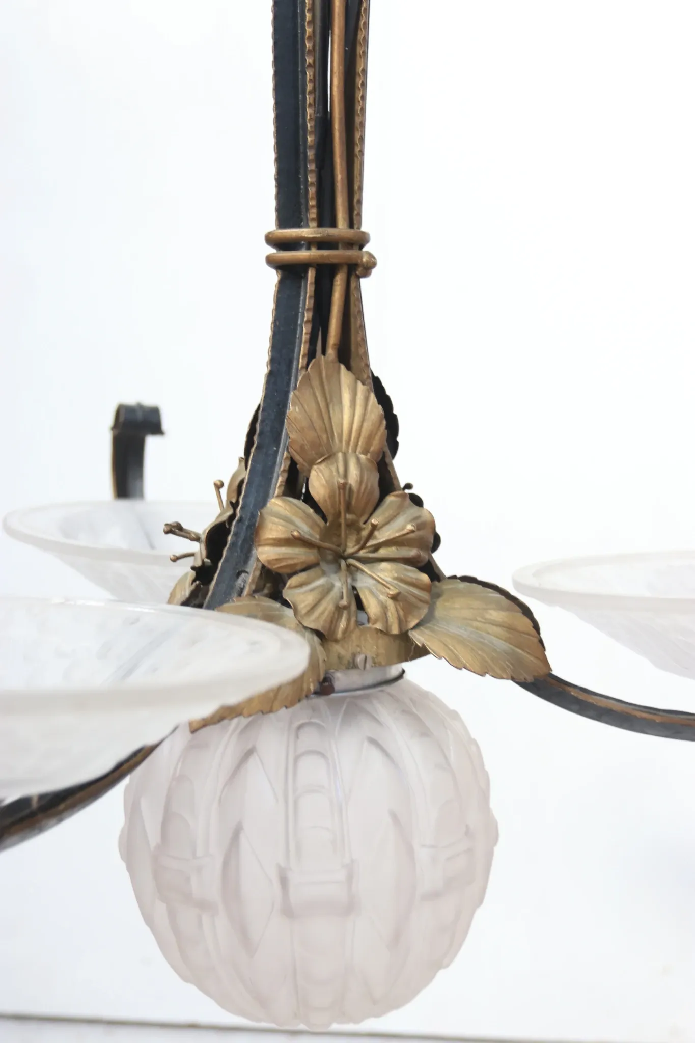French Art Deco wrought iron pendant lamp, pressed glass, 1920s-30s