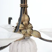 French Art Deco wrought iron pendant lamp, pressed glass, 1920s-30s