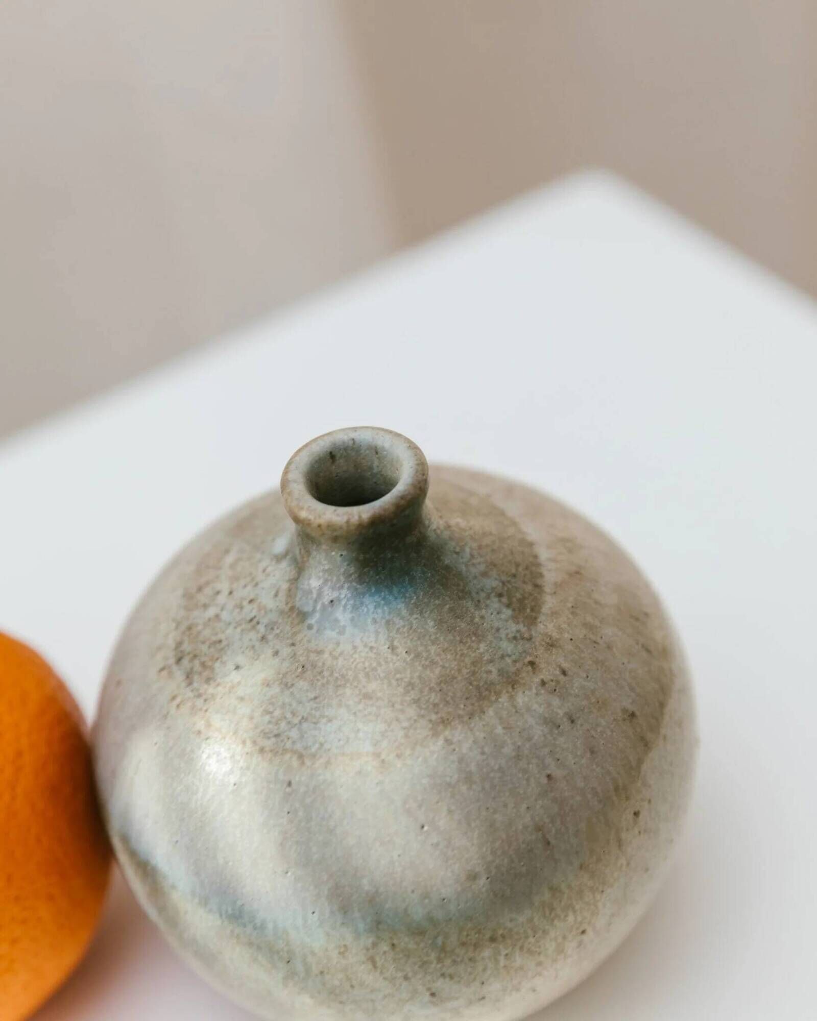 Beige Bernd Röter Studio Ceramic Vase by Clemenswerth Germany, Vintage Mid-Century with Green-Blue Glaze