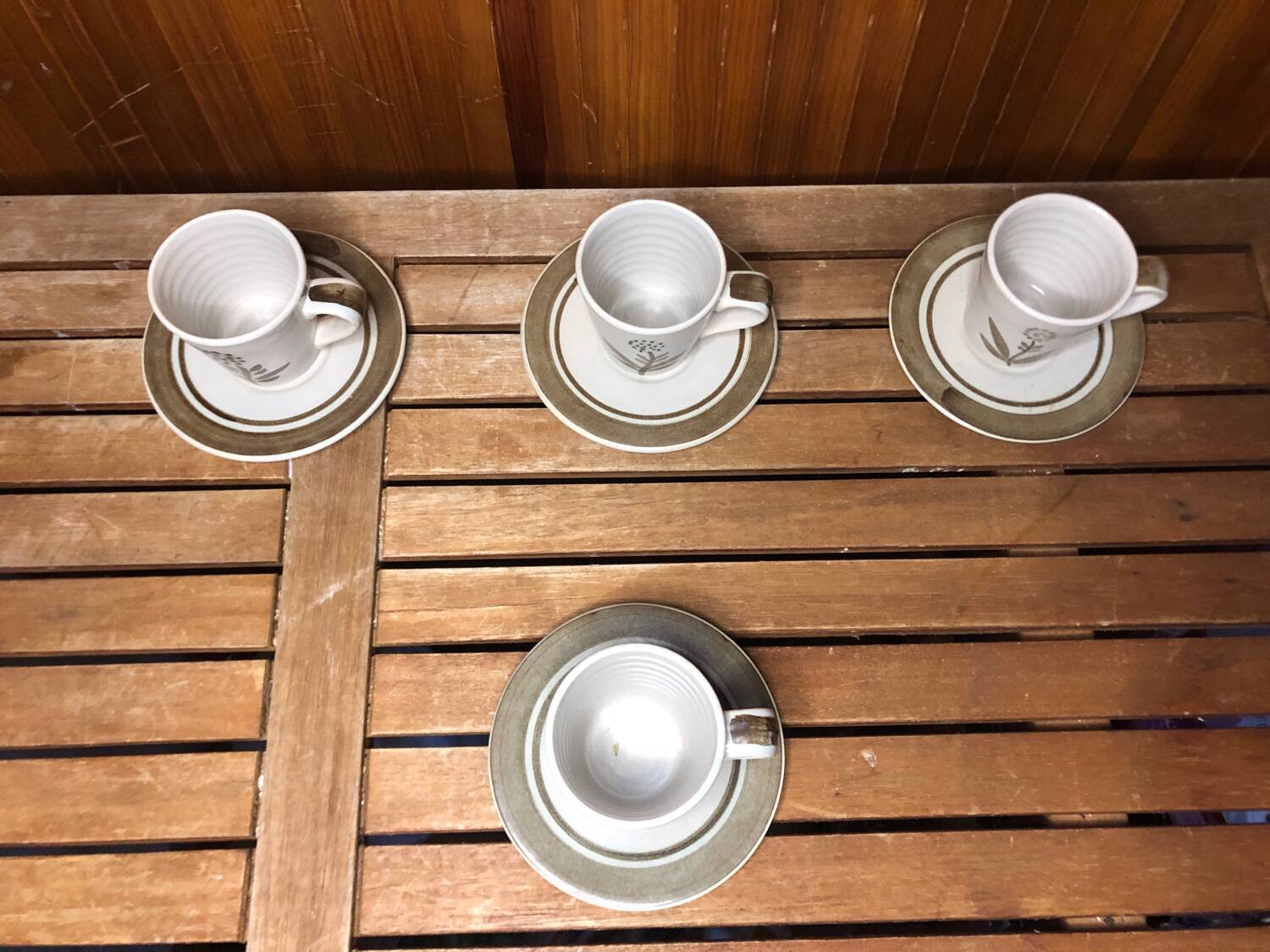 Series of 4 longchamp cups gray brown ceramic flower decor france vintage #a511