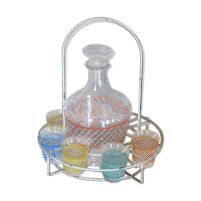 Service a liqueur composé d'un serviteur en metal d'une carafe et de 6 petits verres vintage 1950