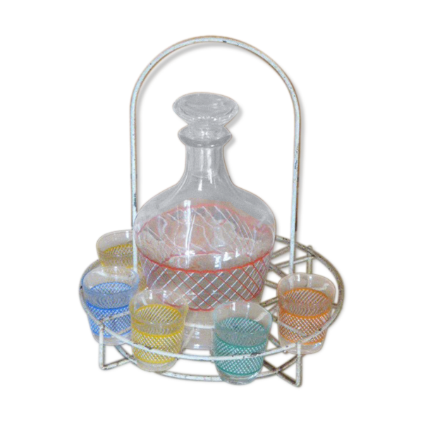 Service a liqueur composé d'un serviteur en metal d'une carafe et de 6 petits verres vintage 1950