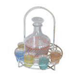 Service a Liqueur consisting of a metal servant, a carafe and 6 small vintage glasses 1950