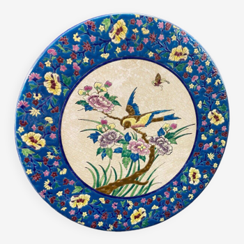 Large circular earthenware dish from Louvière with Longwy style bird decoration
