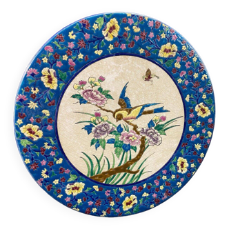 Large circular earthenware dish from Louvière with Longwy style bird decoration