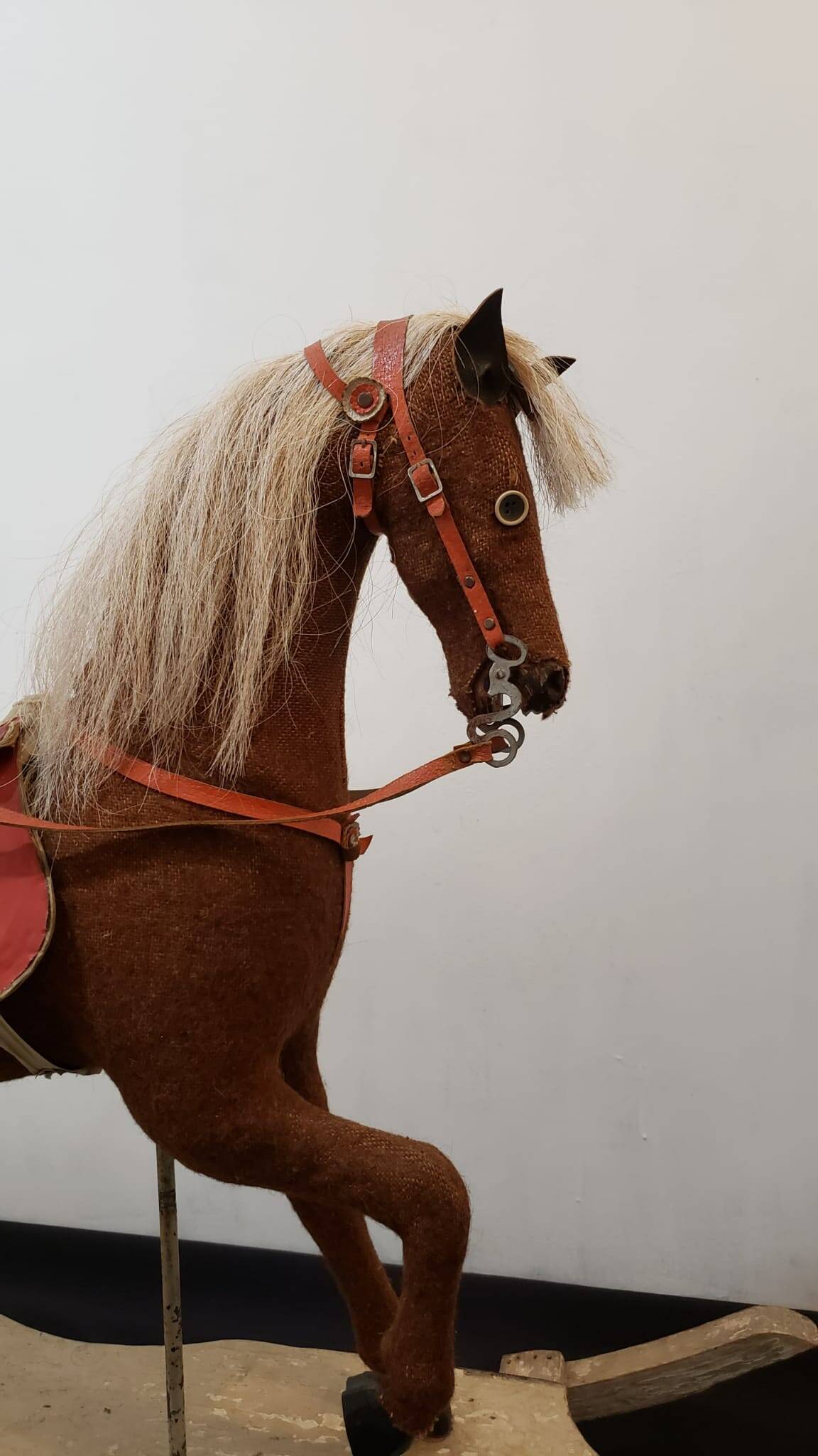 Rocking horse made of wood, fabric and natural horsehair, 1940-1950