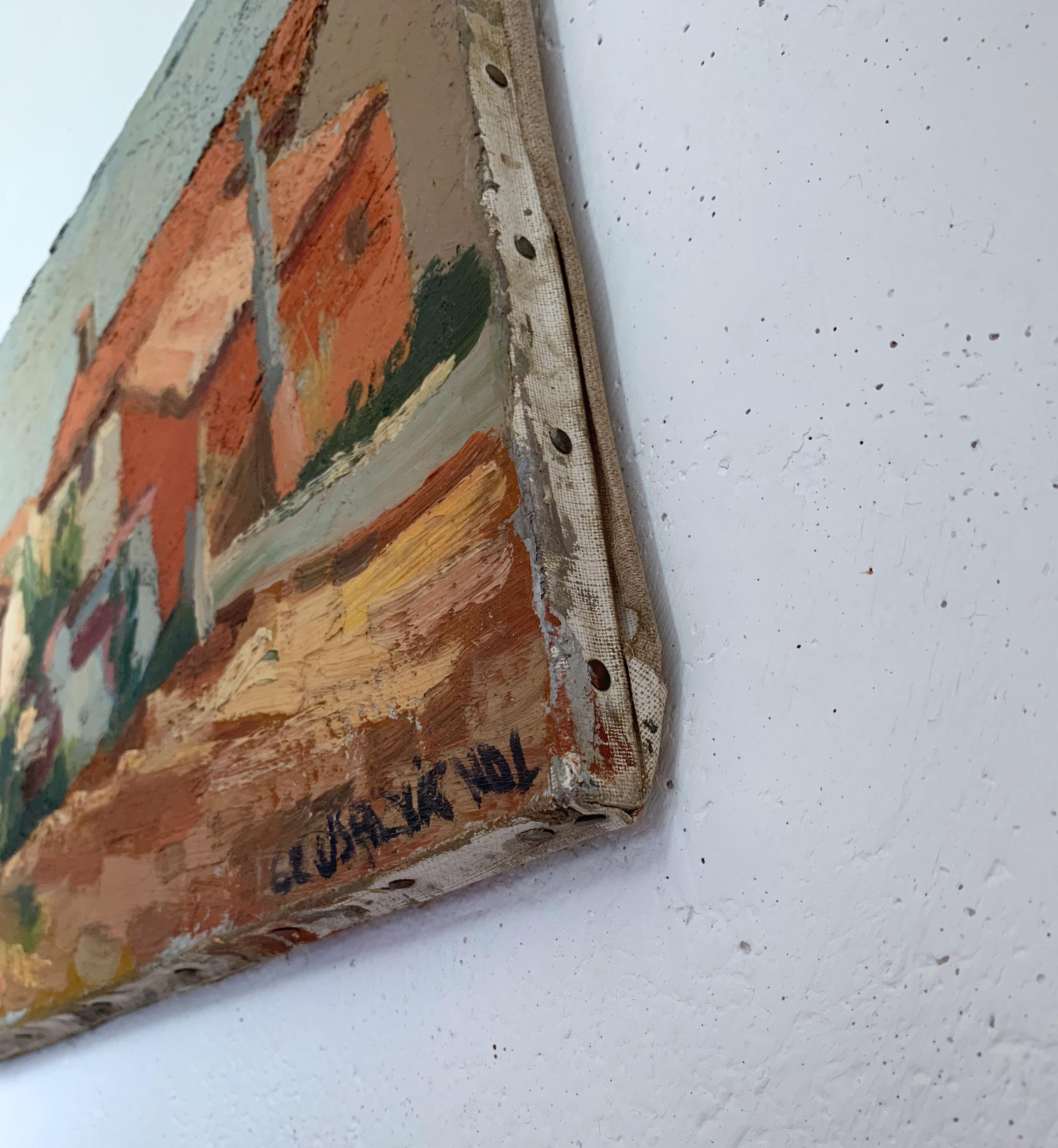 Ancient oil painting on canvas landscape of the south of France