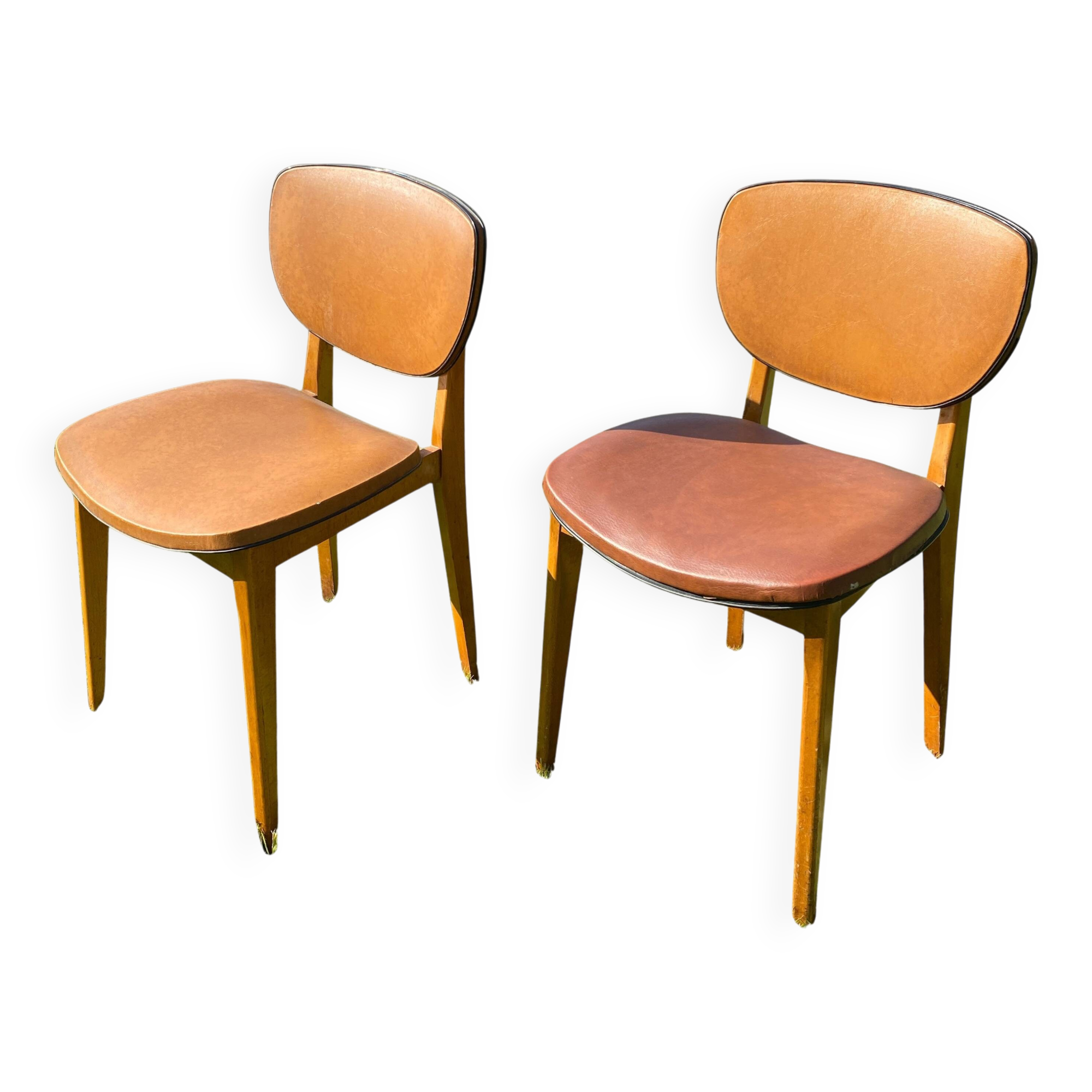 Pair of Scandinavian wood and leather chairs, Circa 1960