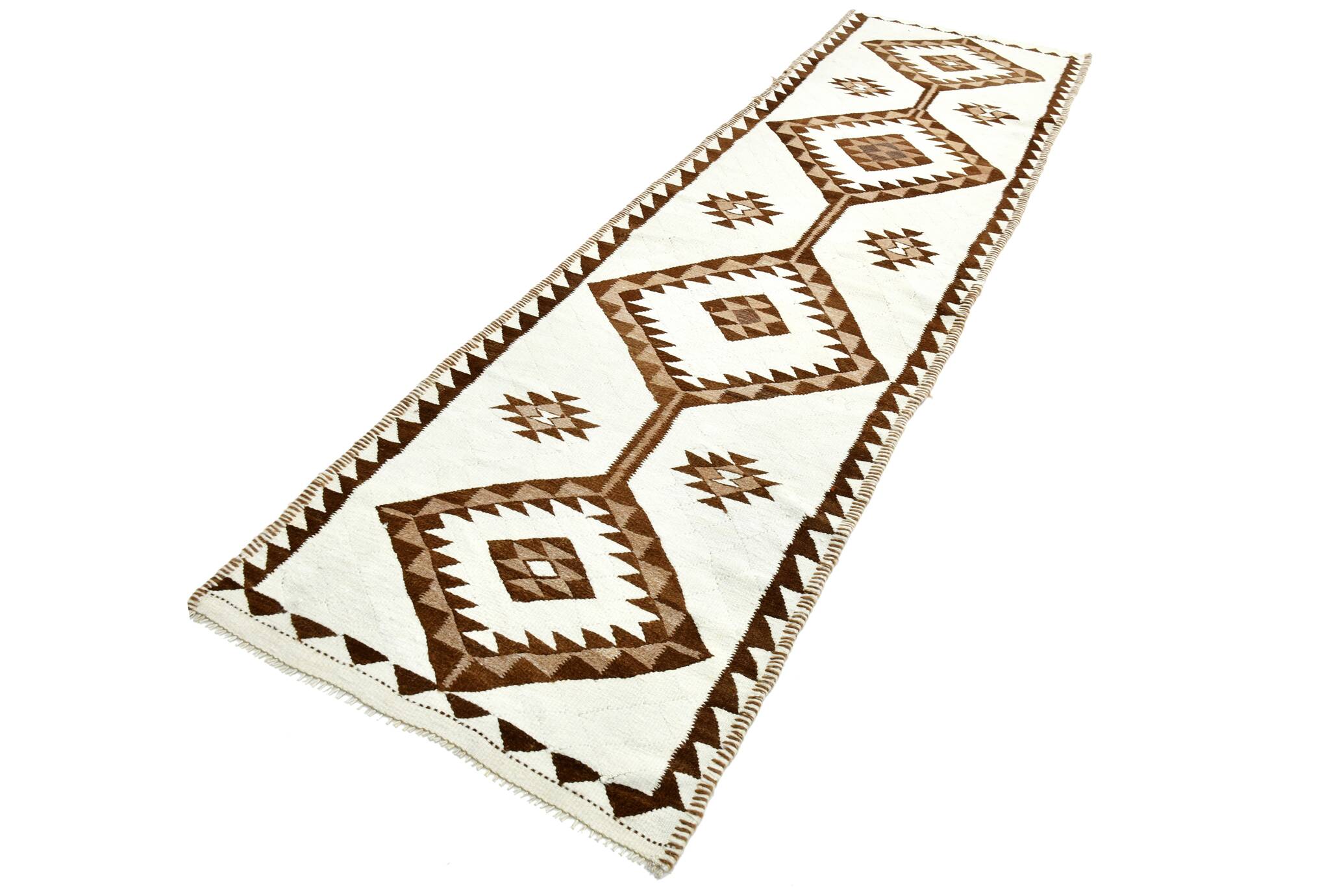 3x12 Geometric Beige & Brown Kilim Runner Rug, 102x357Cm