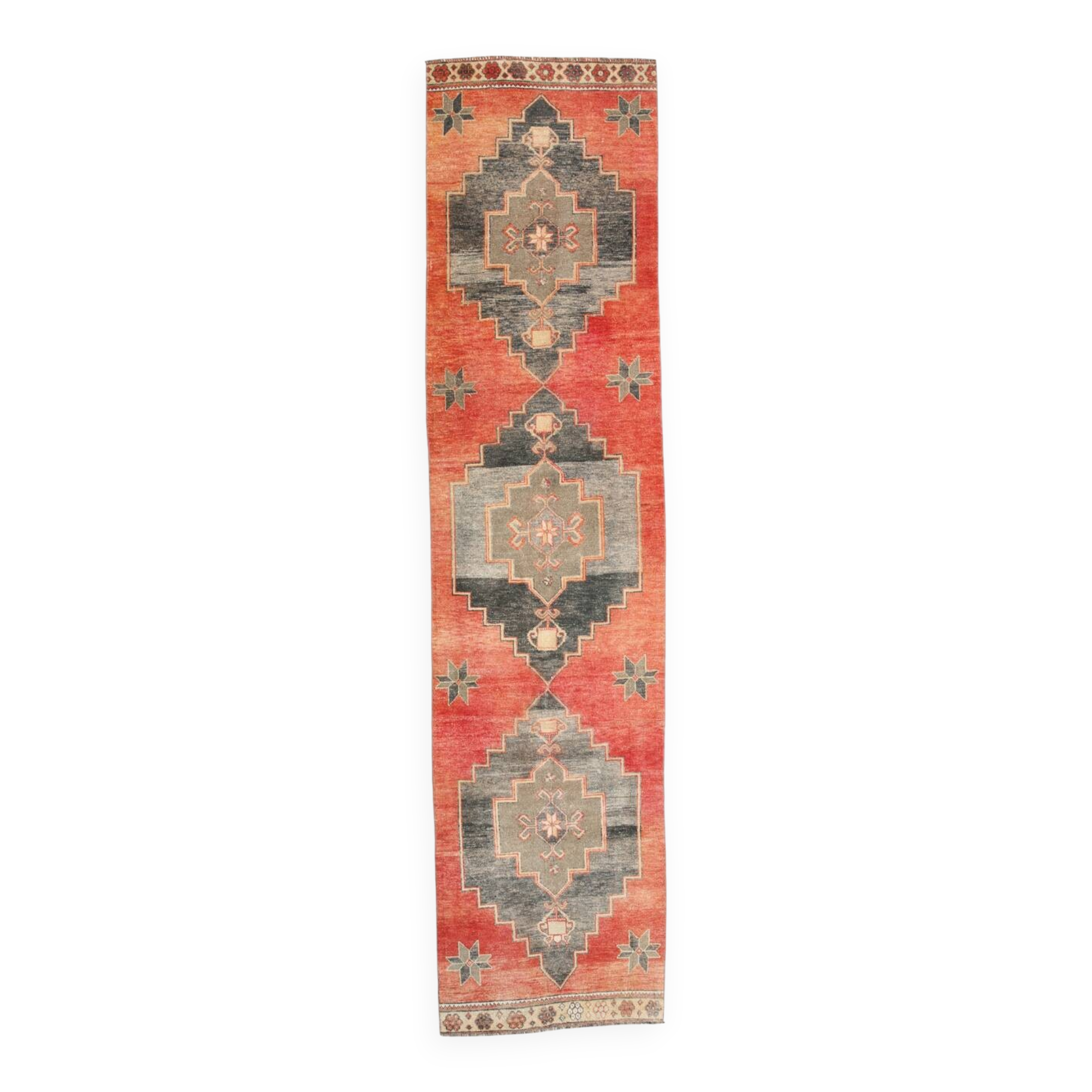 Terracotta Red Geometric Style Vintage Runner Rug, 83x350 Cm