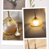 Suspension belle époque verre dépoli jaune doré, franges perlées