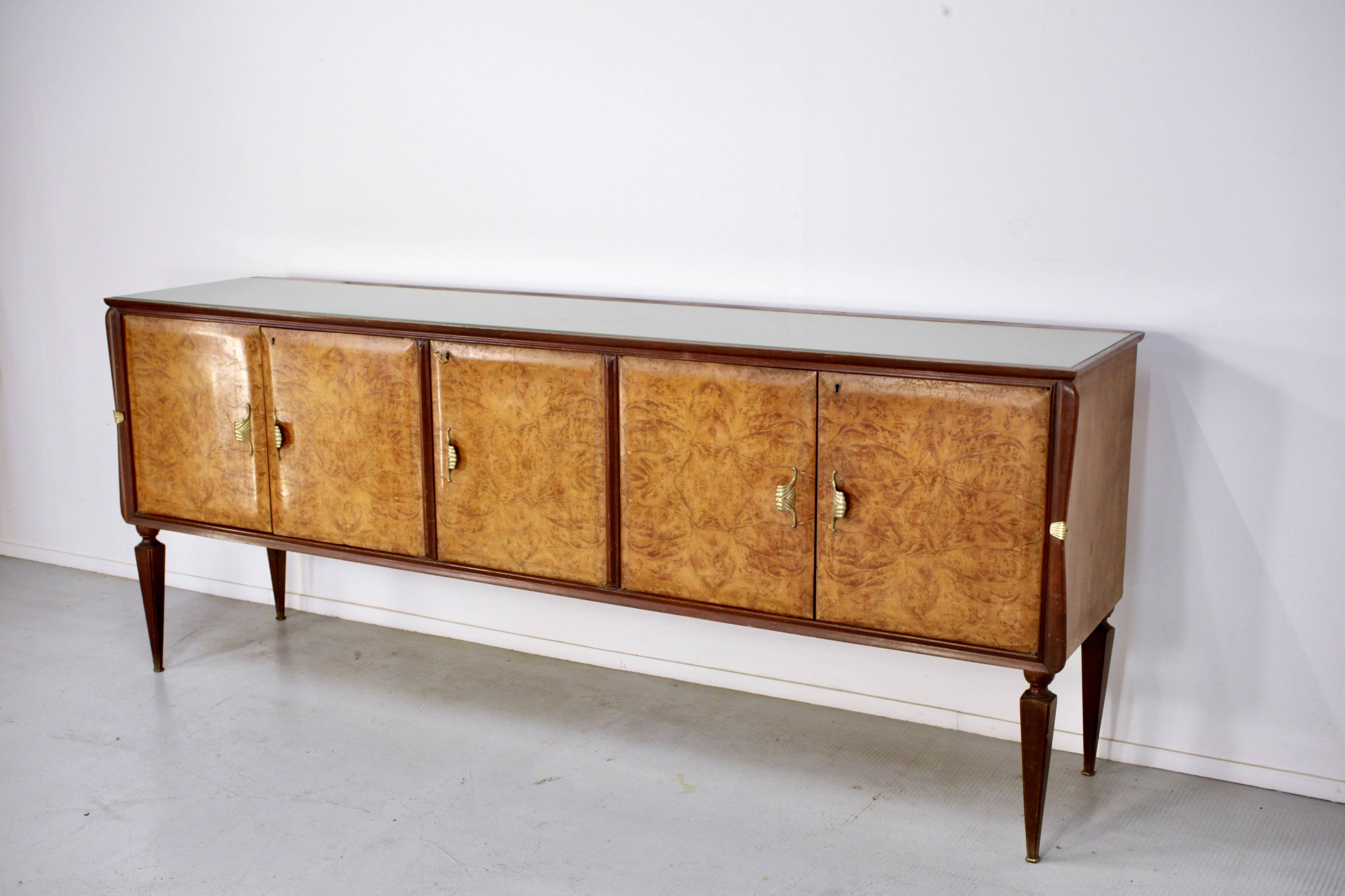 Midcentury Italian Sideboard In Walnut Root And Brass.