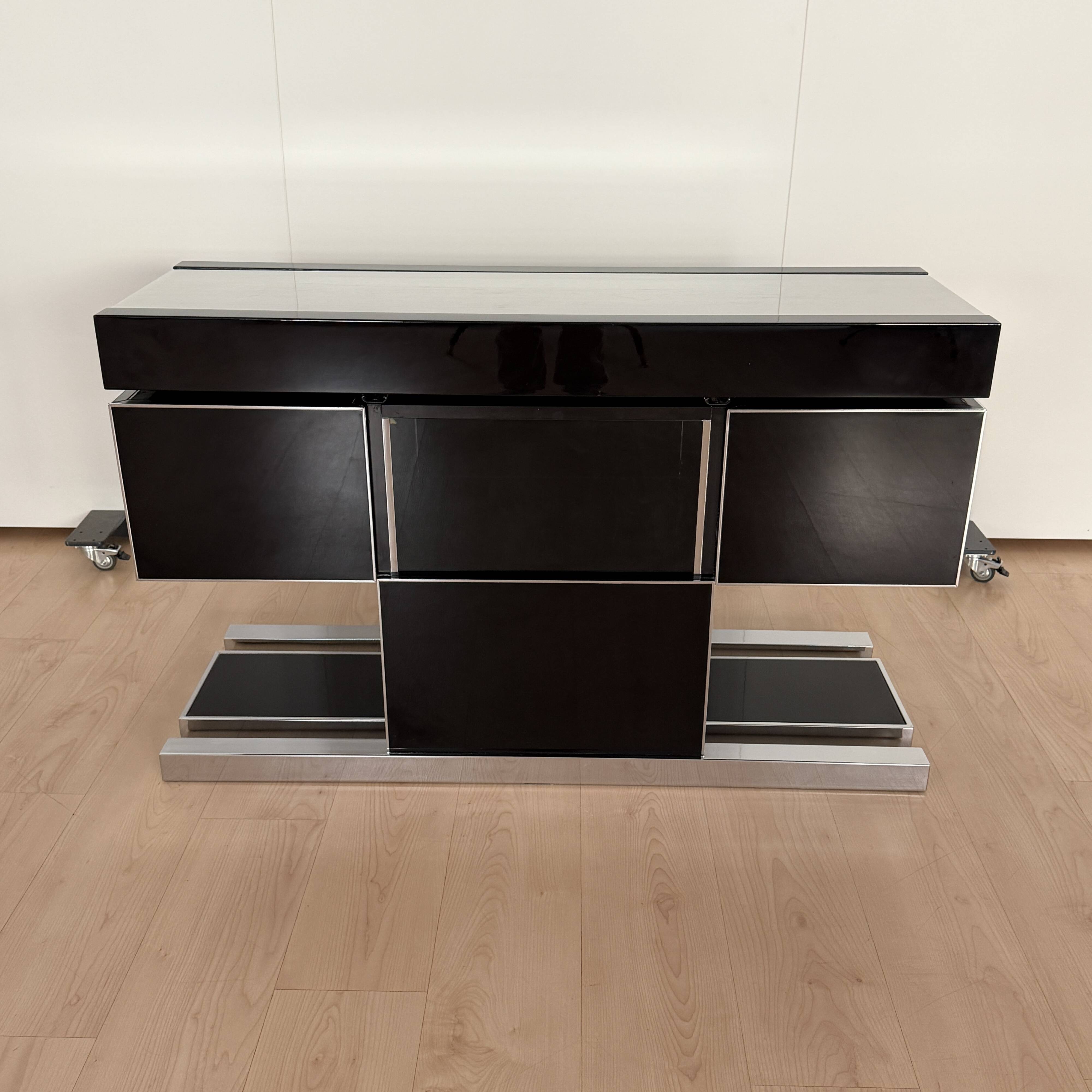 Willy Rizzo Dry Bar, Black Lacquer, Chrome, Leather, Italy circa 1970