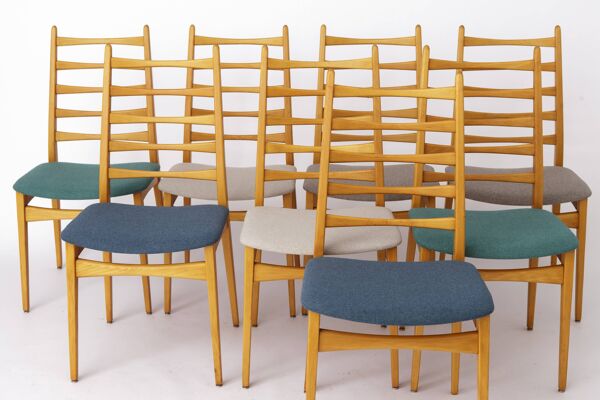 Ensemble de 8 chaises de salle à manger vintage, Wenzel Allemagne années 1970, bois de hêtre, tissu