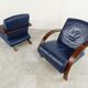 Pair of bentwood and blue leather armchairs, 1970s
