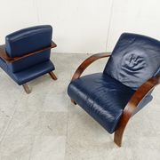 Paire de fauteuils en bois courbé et cuir bleu, années 1970