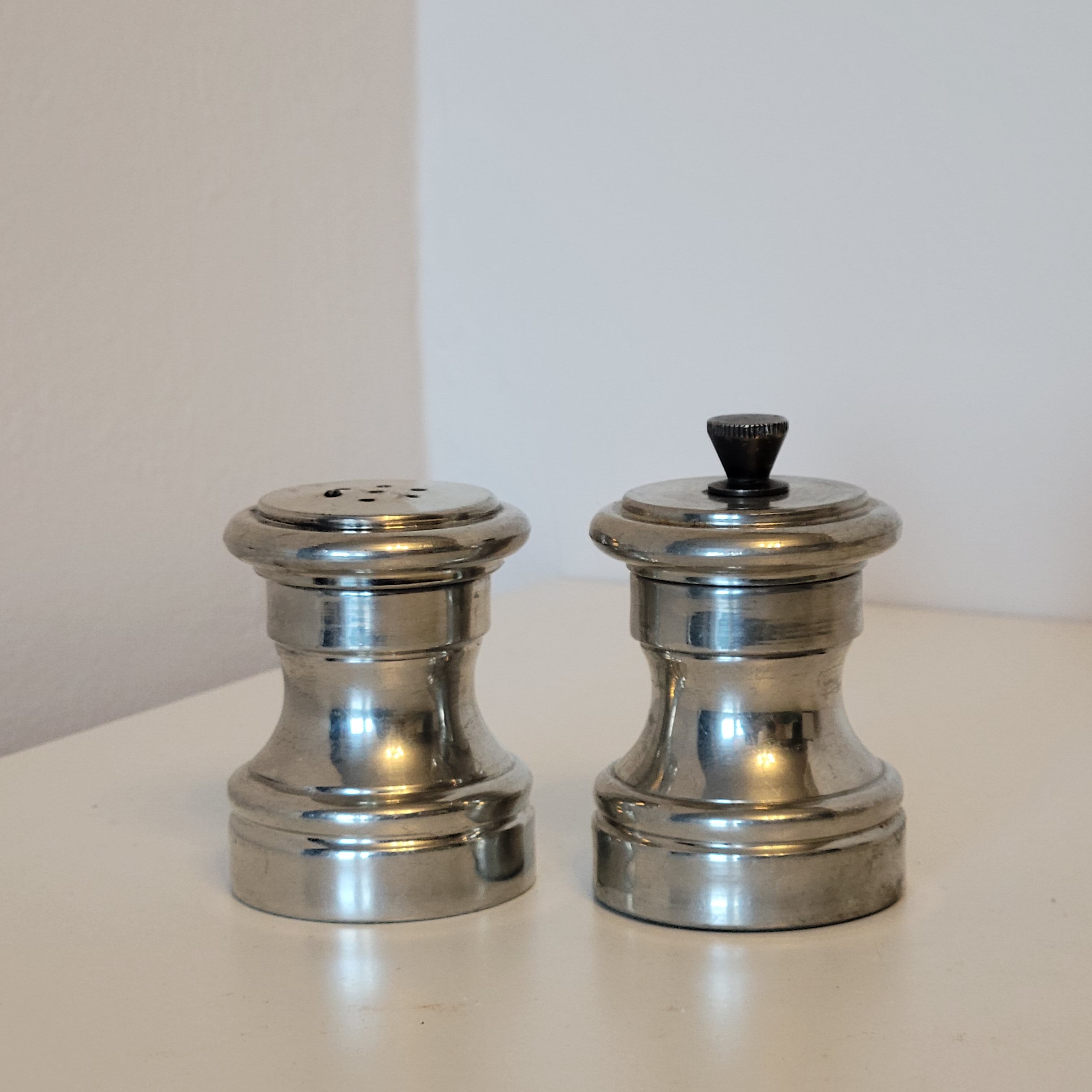 Vintage silver metal table salt shaker and pepper shaker Italy Raimond