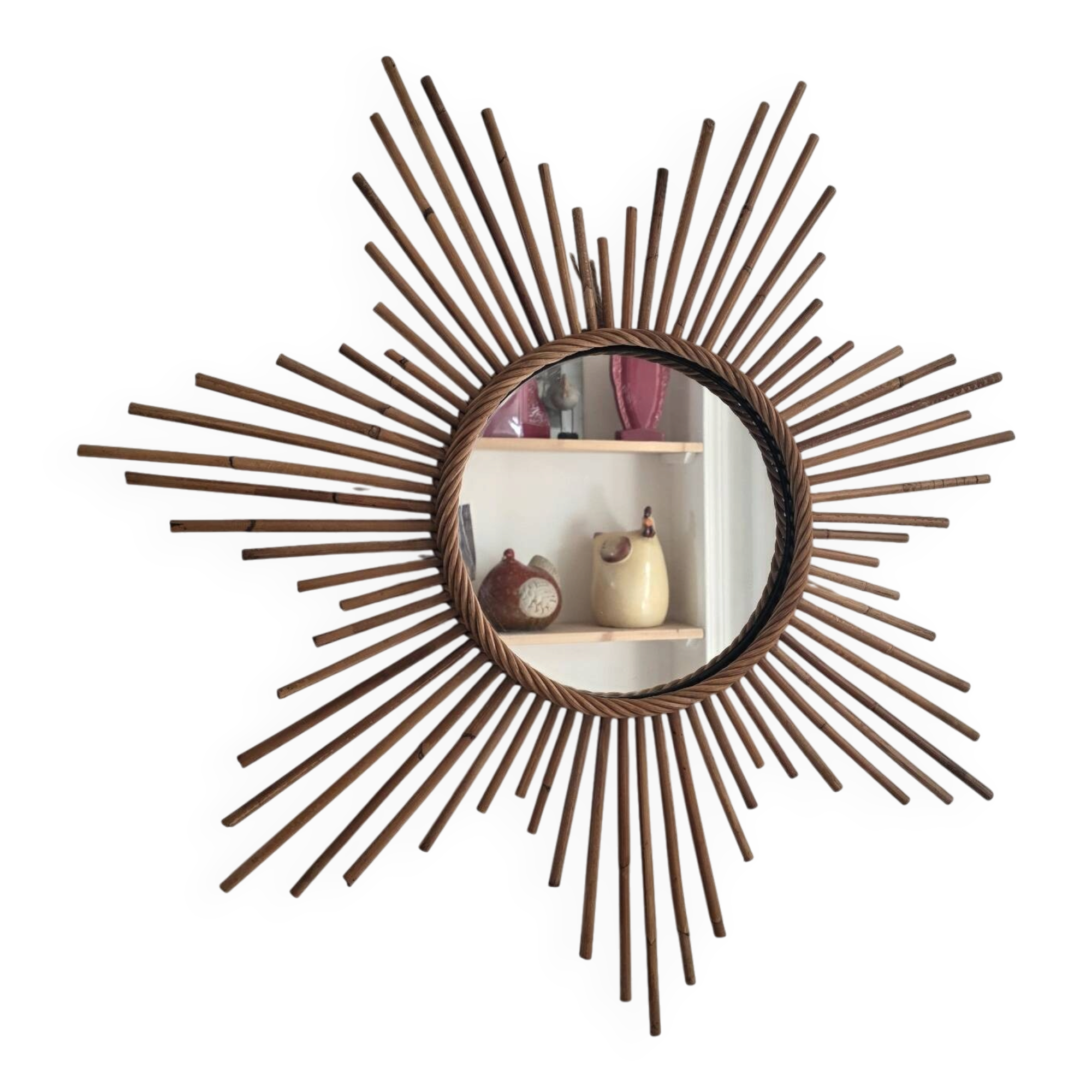 Vintage XL rattan sun mirror