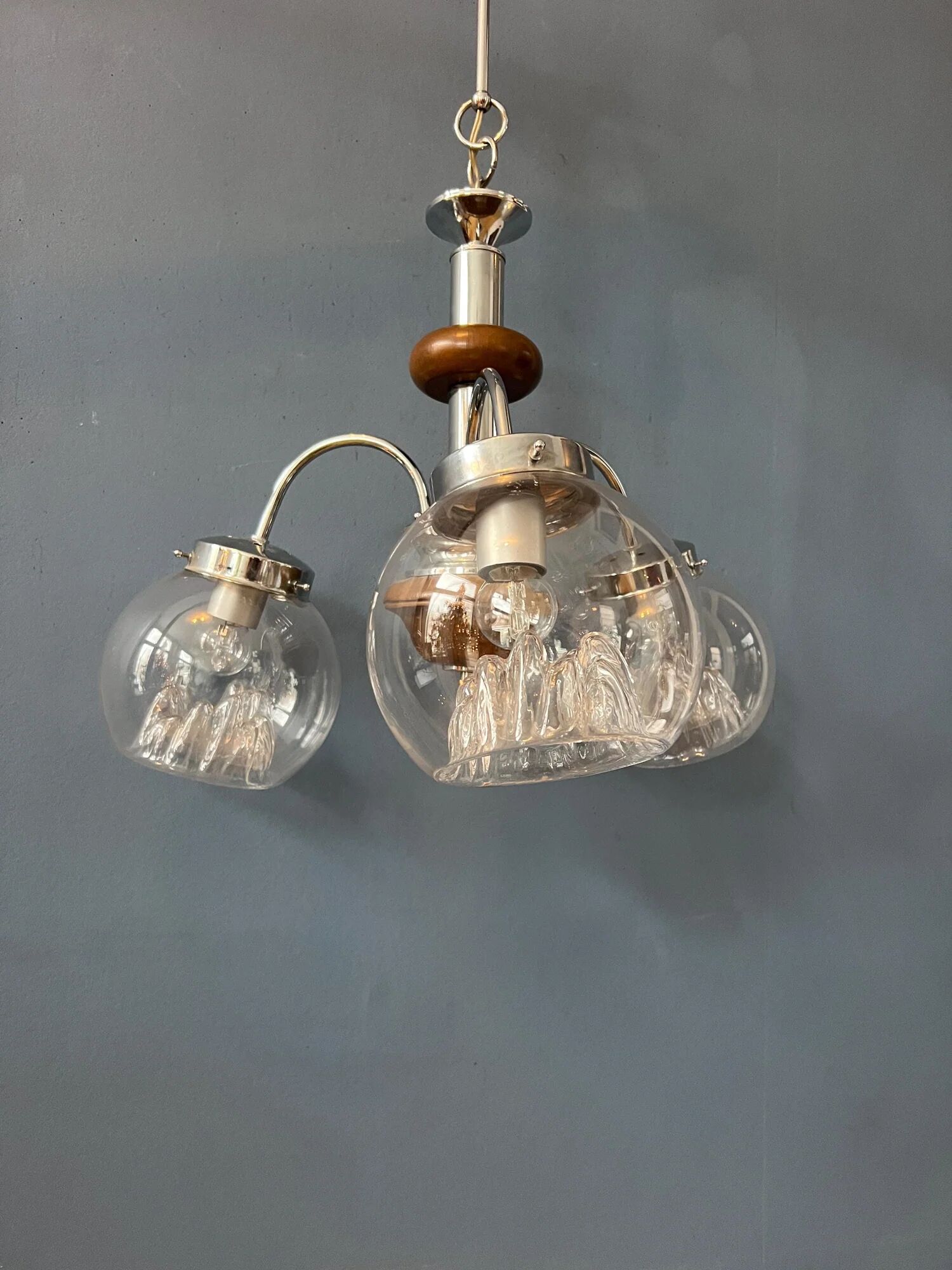 Vintage clear glass Murano chandelier with chrome frame