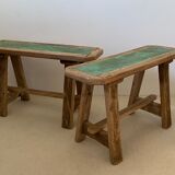 Pair of small benches in raw wood of winemaker