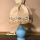 Ancienne lampe chevet corps opaline bleu + abat-jour crème vintage