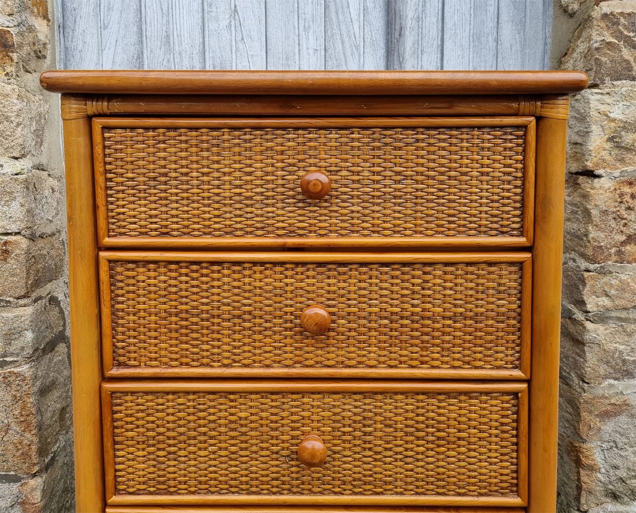 Semainier Maugrion for Roche Bobois, wood and rattan, 80s