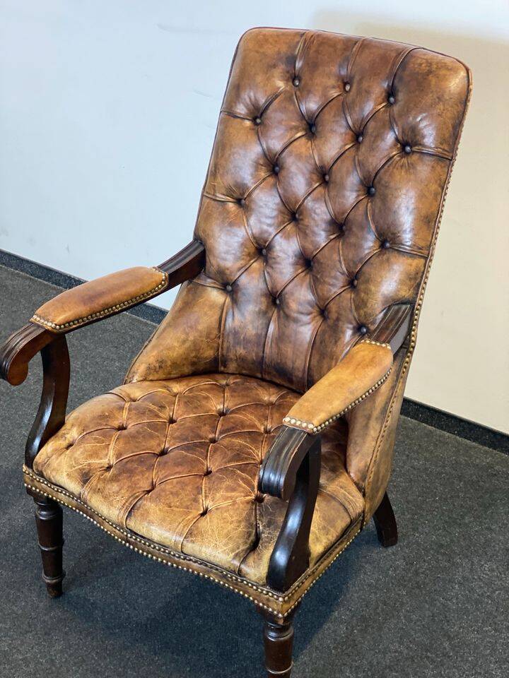 Antique Chesterfield Wing Chair with Stool and English Side Table