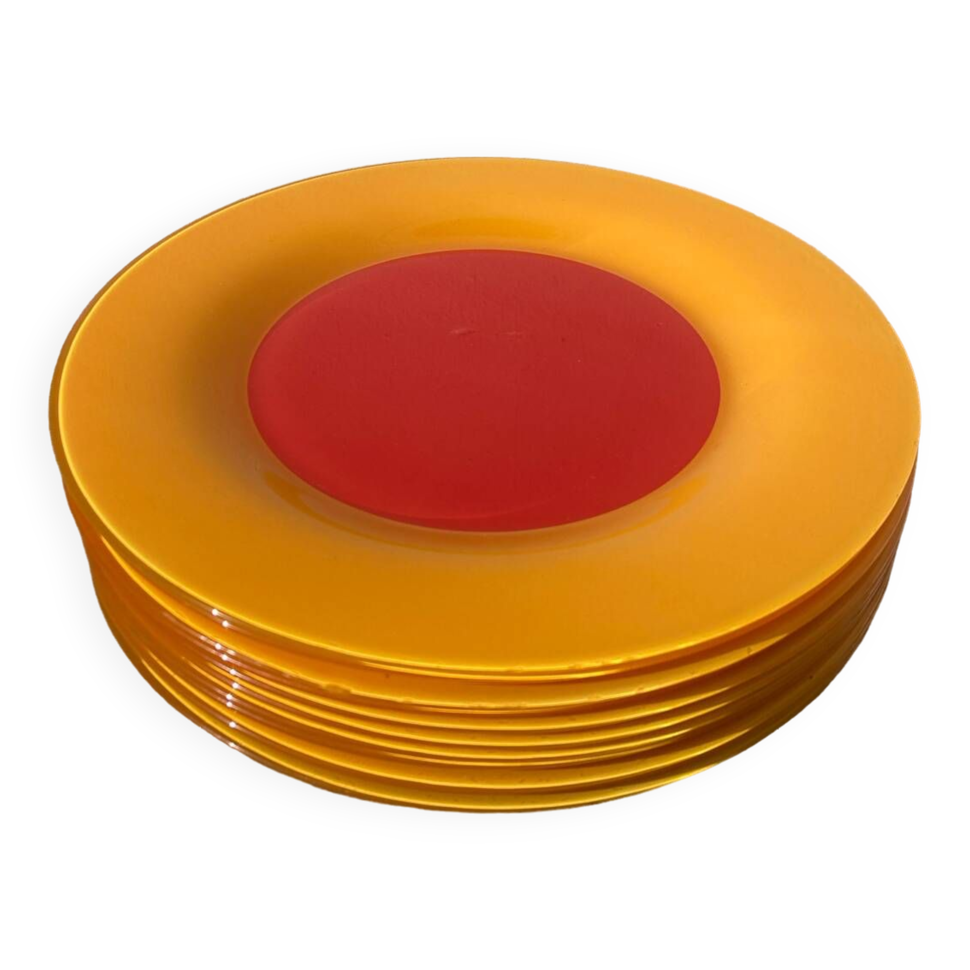 10 yellow and orange glass dinner plates