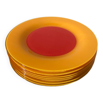 10 assiettes plates en verre jaune et orange