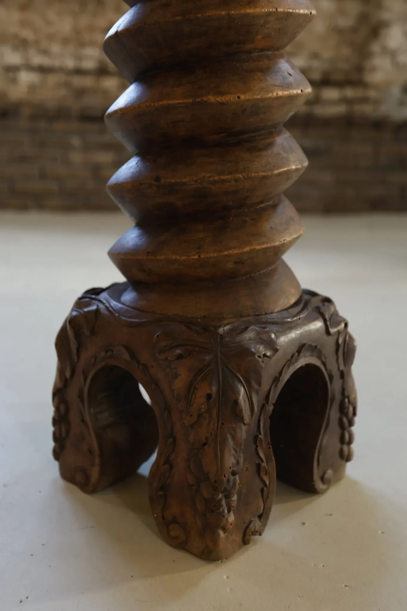 Antique French wooden plant stand with carved grape motifs