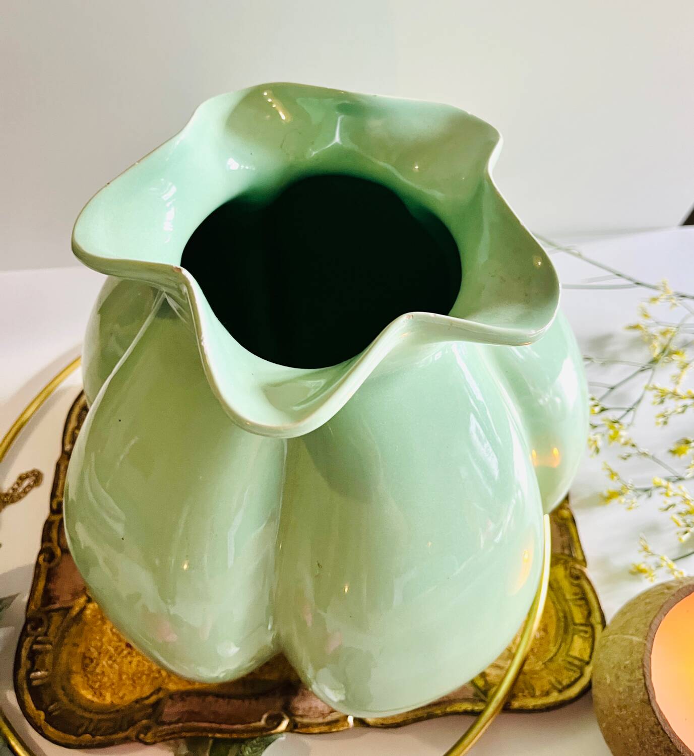 Vintage turquoise flower shaped vase.