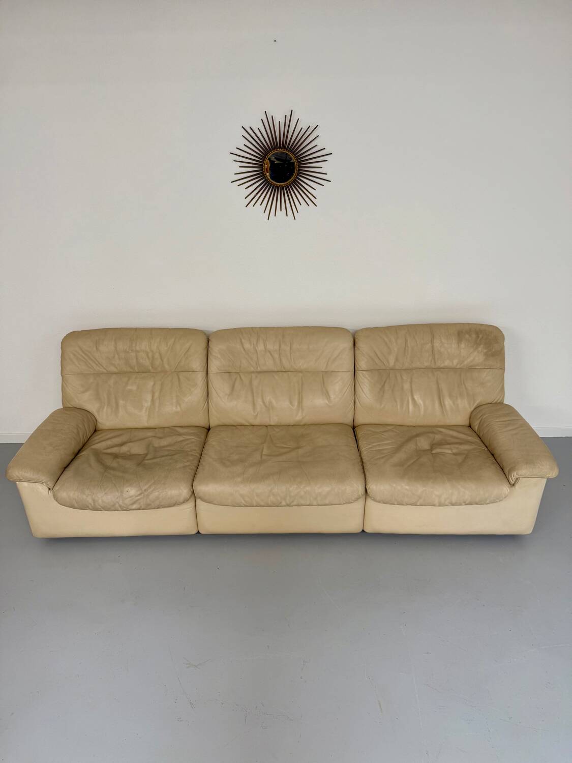 Old 3-seater beige leather sofa designed by Carl Larsson De Sede, vintage 80s