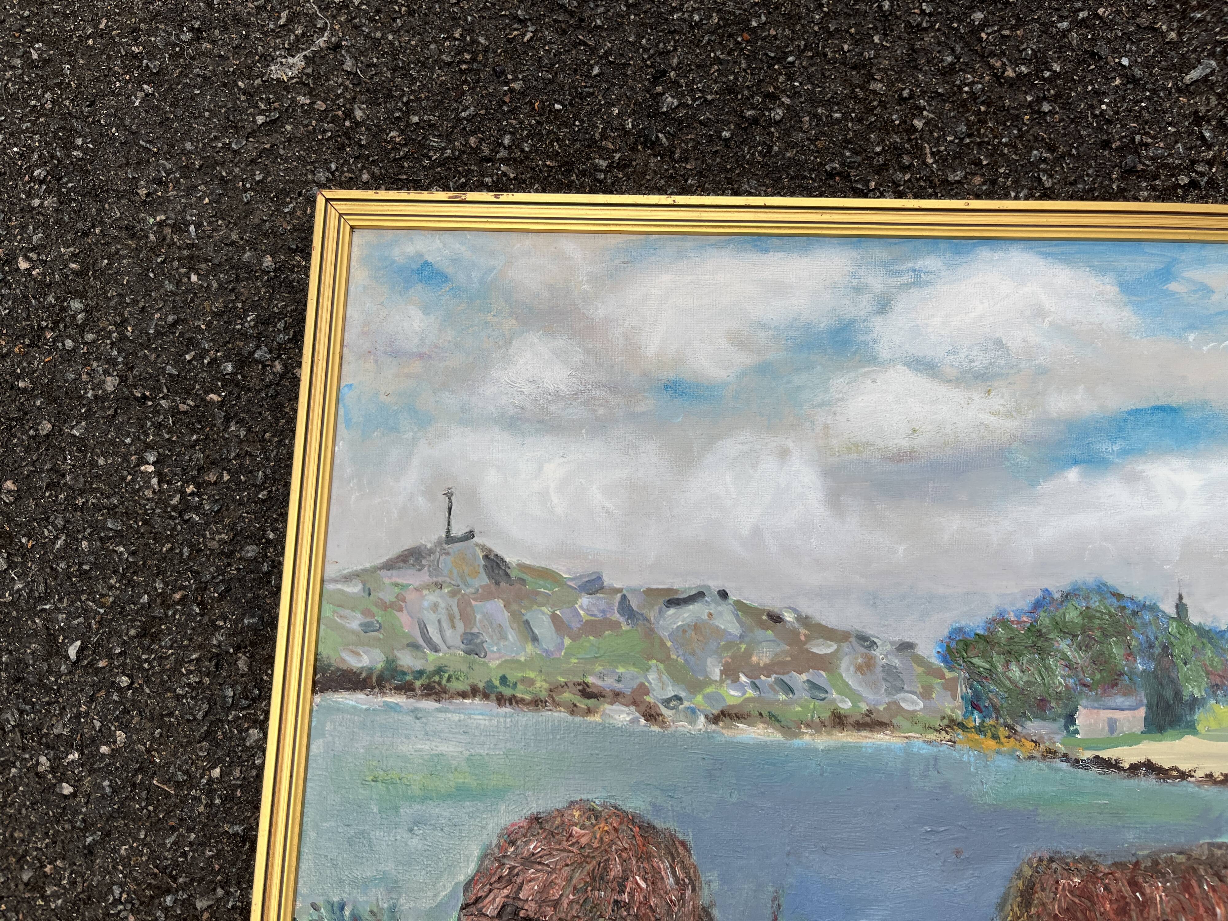 Painting Animated landscape at the lake – Signed oil