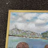Painting Animated landscape at the lake – Signed oil