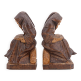 Wooden bookends monks reading, 80s