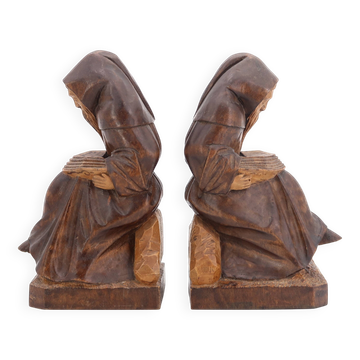 Wooden bookends monks reading, 80s