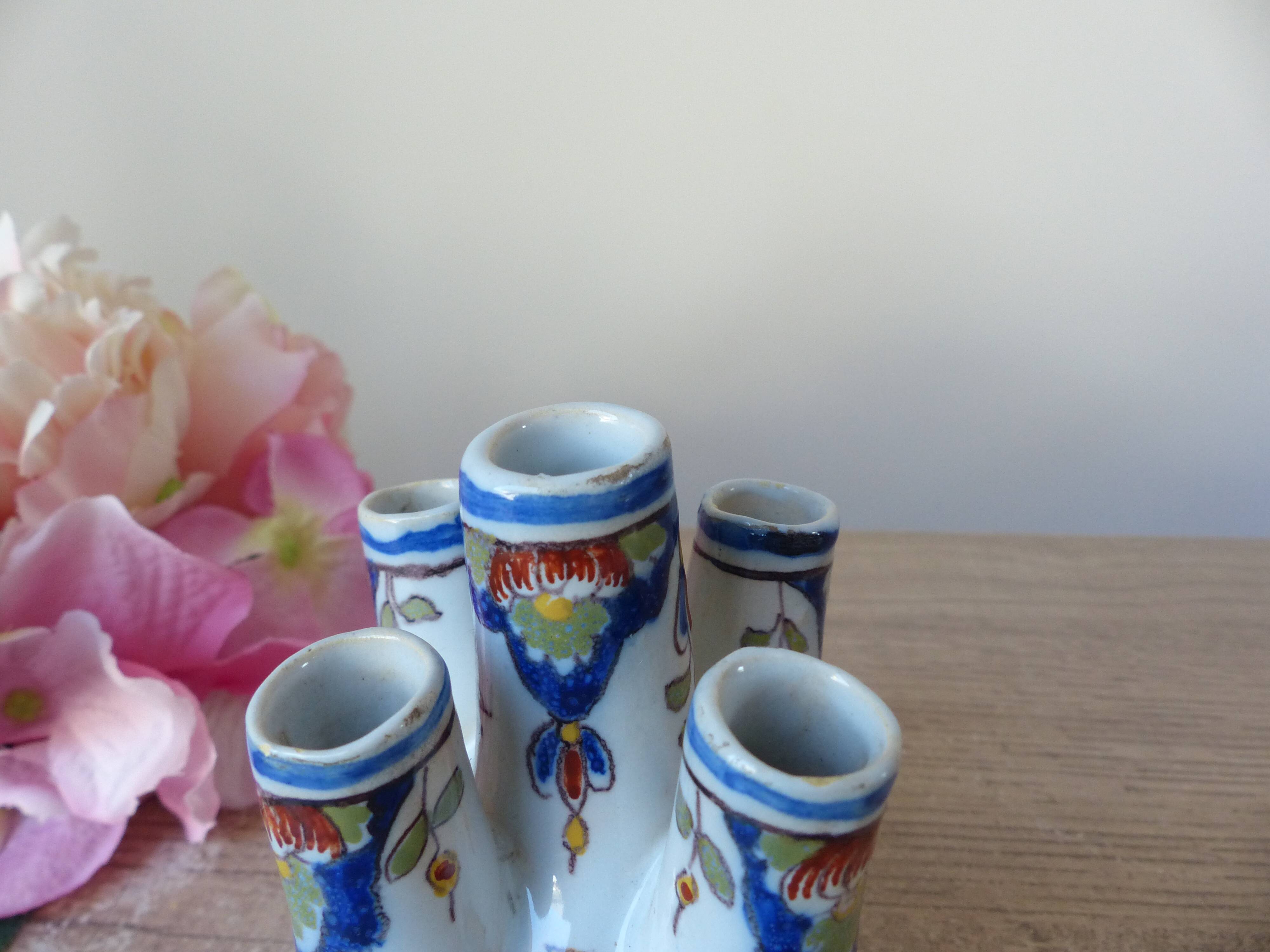 Old small flower vase, Rouen earthenware, hand-painted, miniature vase