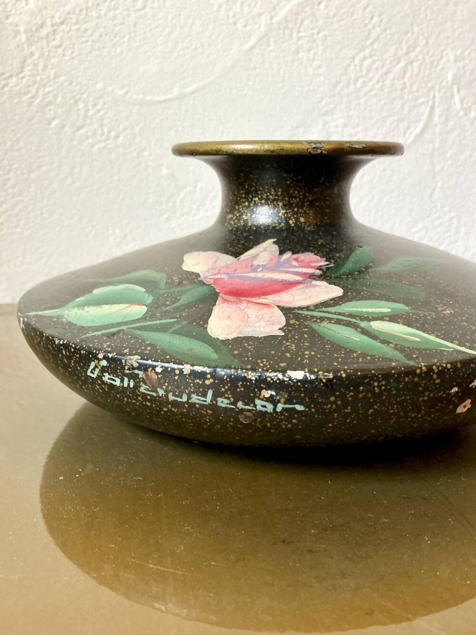 Painted terracotta vase signed with rose motifs, 1950s-1960s.
