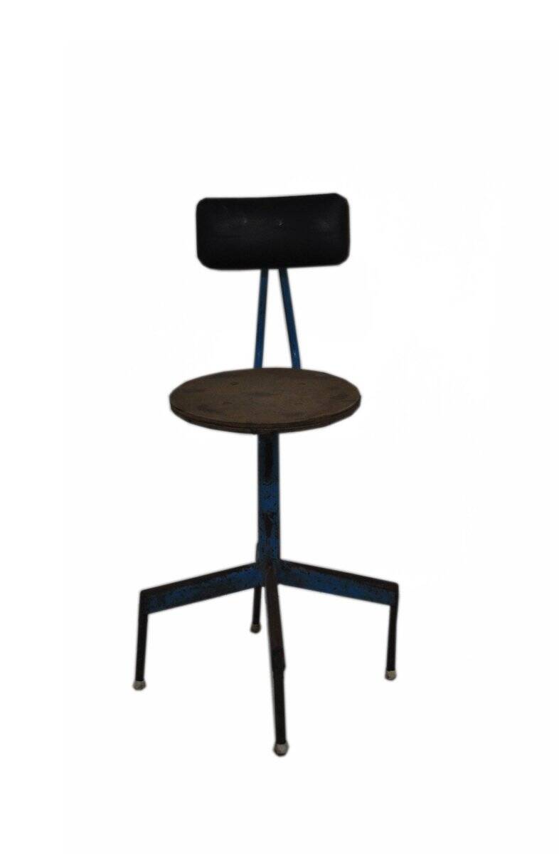 Mid-century industrial chair in metal, leather, and multicoloured wood from the 1960s.