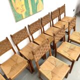 Série de dix chaises en orme massif tressées main, France circa 1965