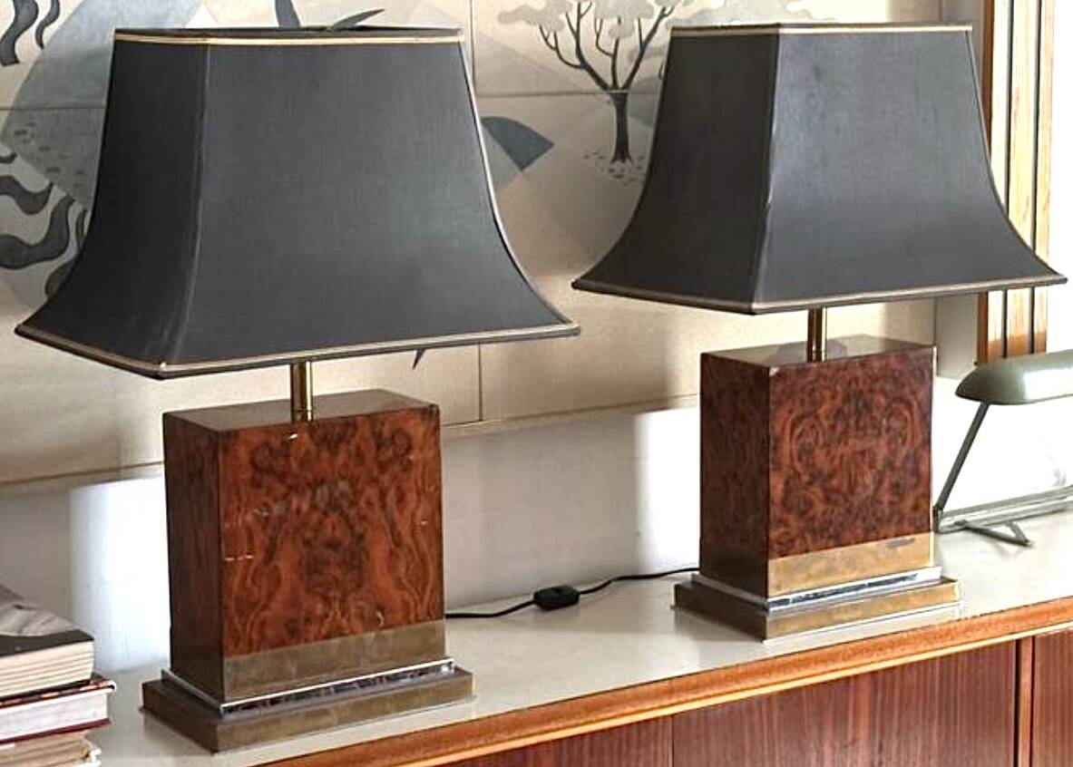 Pair of burl and copper table lamps by style Mahey