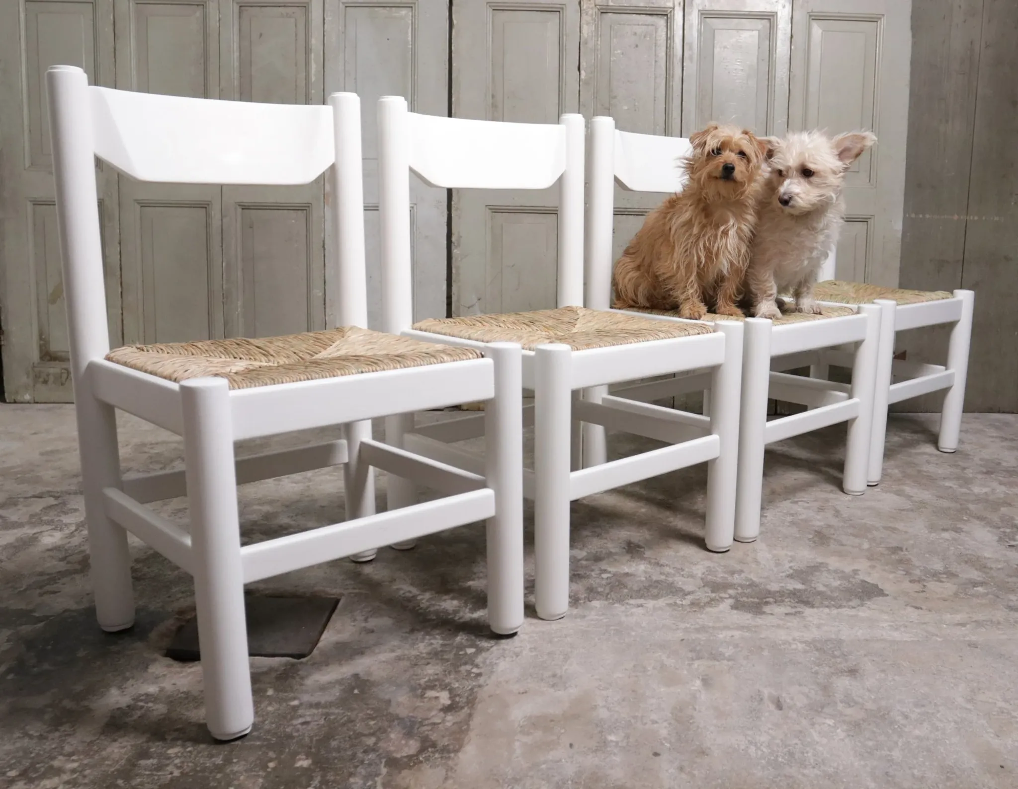 Set of 4 white rush dining chairs – Magistretti / Perriand style, 1970s