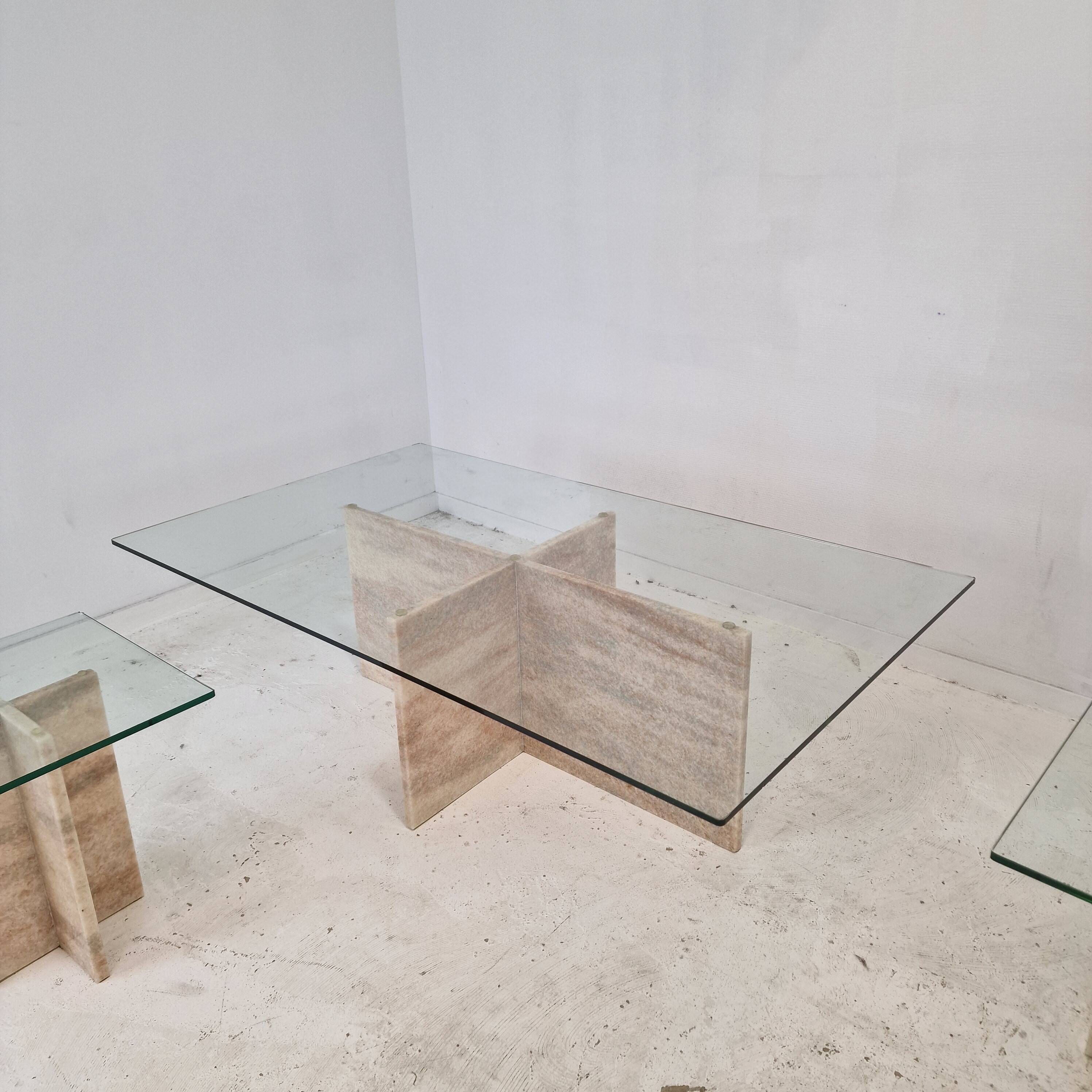 Set of 3 Italian Marble Coffee or Side Tables with Glass, 1980s