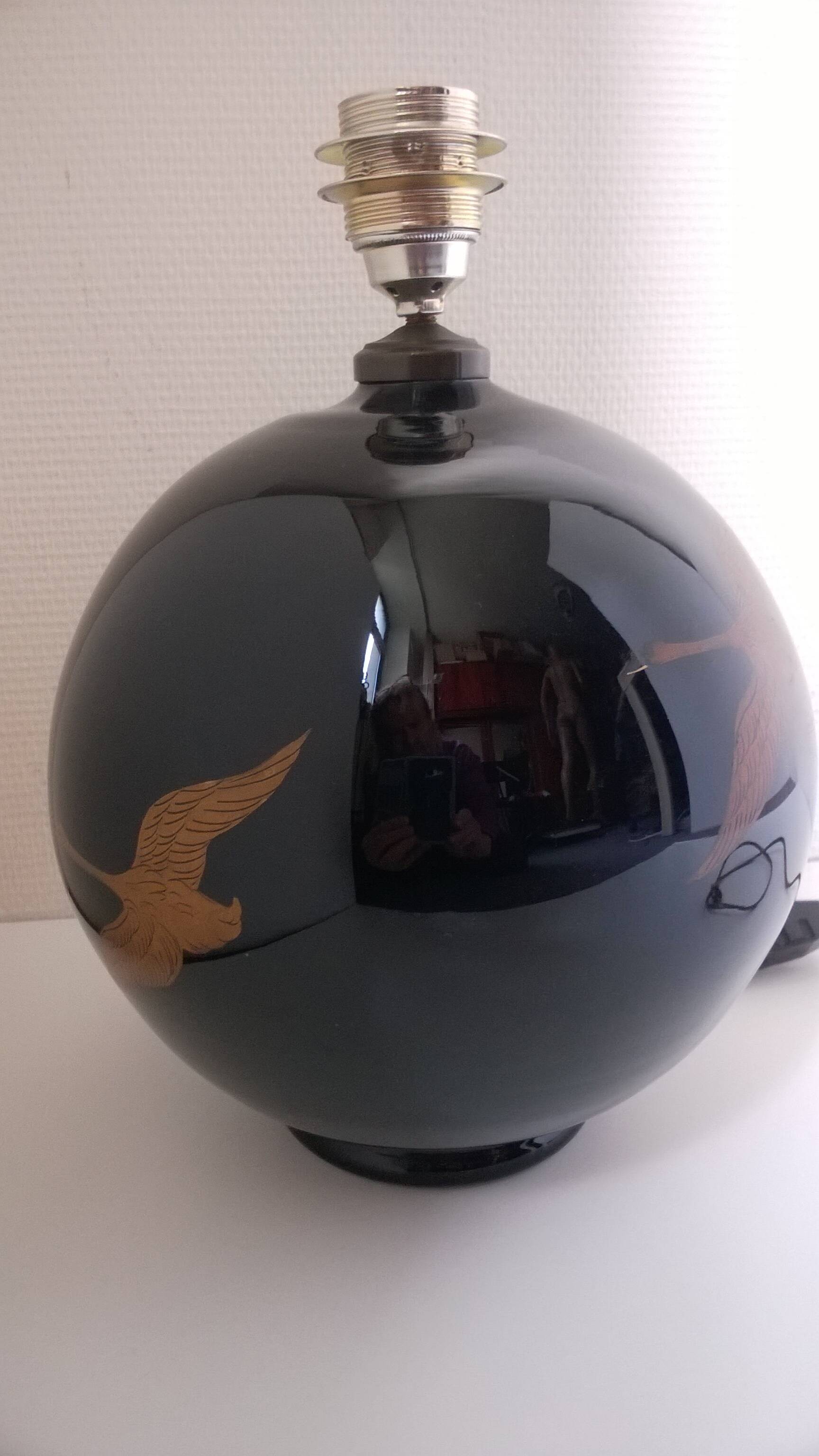 Hand-painted black opaline ball lamp base c.1930/40 Jacques Adnet style