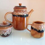 Coffee maker, milk pot and sugar décor Hawaii of the Sarreguemines vintage Earthenware 60s-70s