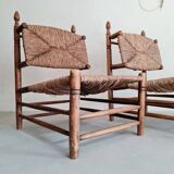 Paire fauteuils en bois et paille