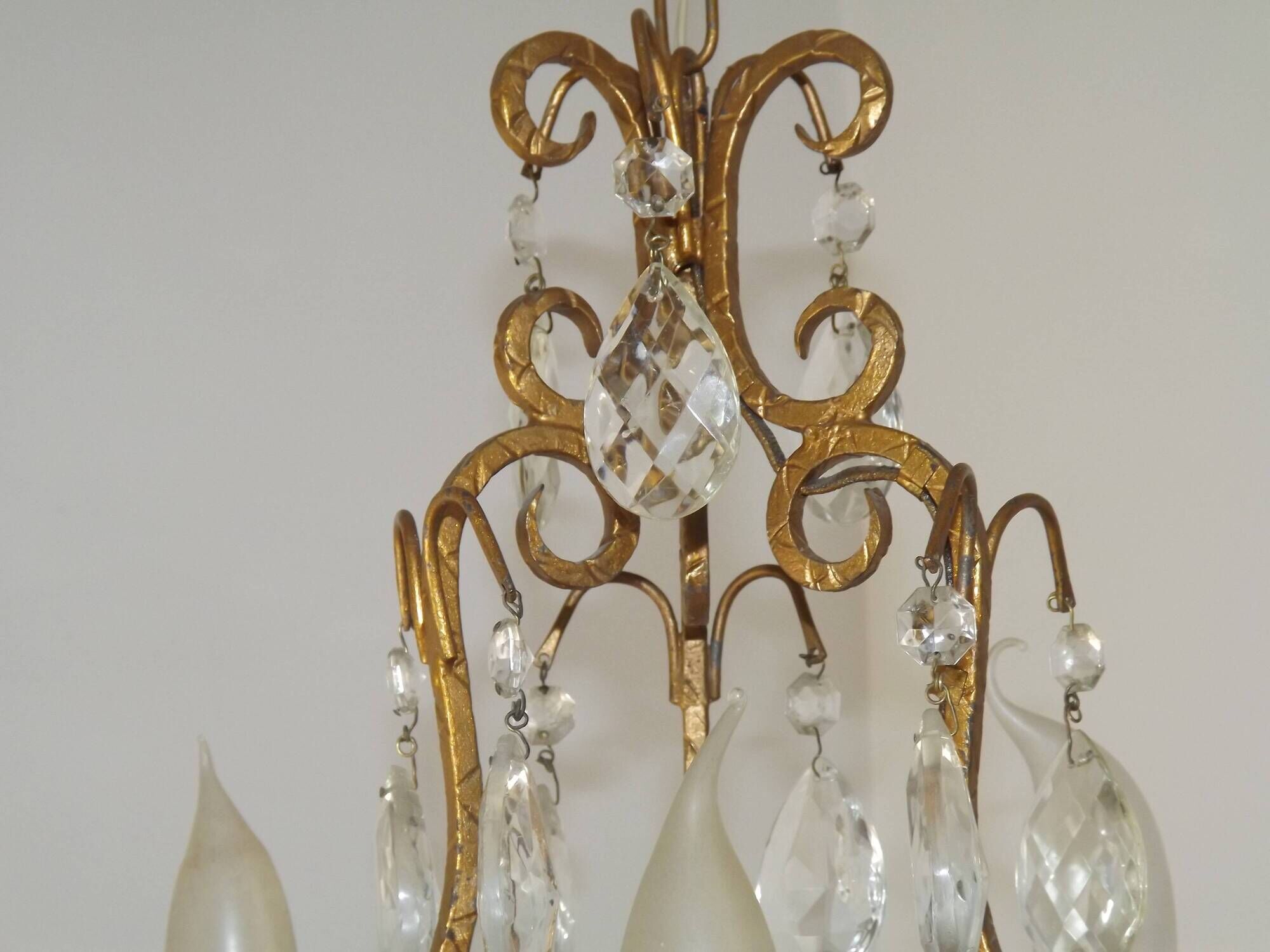 French Vintage Goldtone Metal & Crystal 3 Light Cage Chandelier 5502