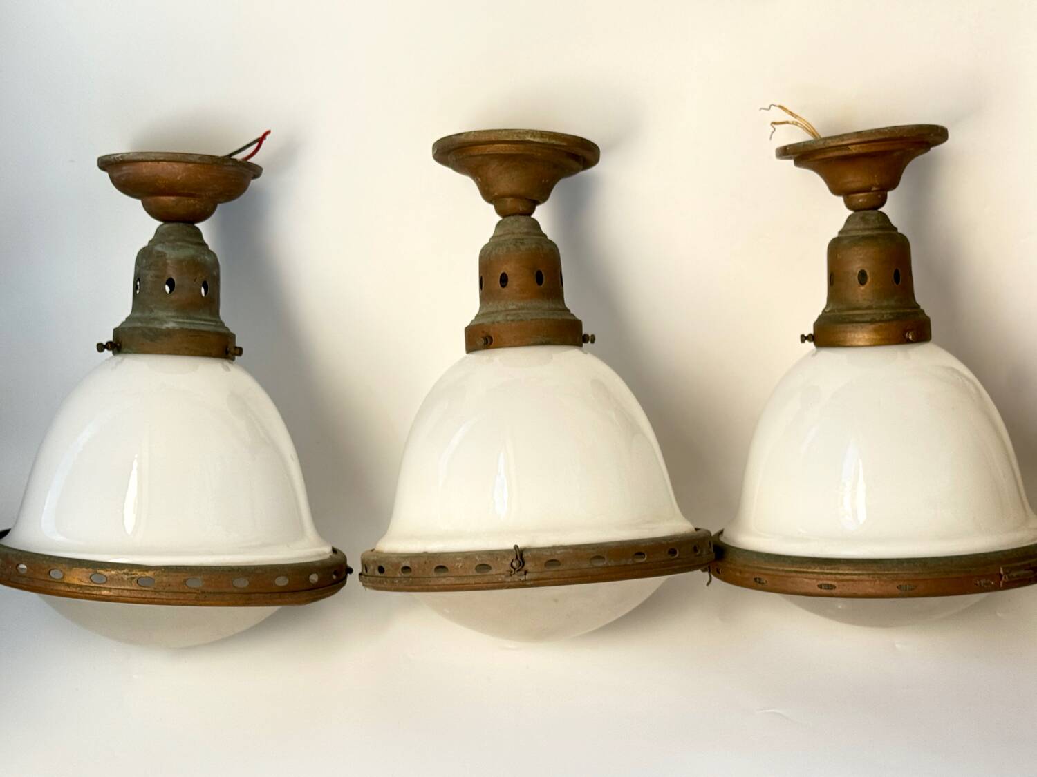 Bauhaus Art Deco Suspension Set in Opaline Glass and Brass 1930